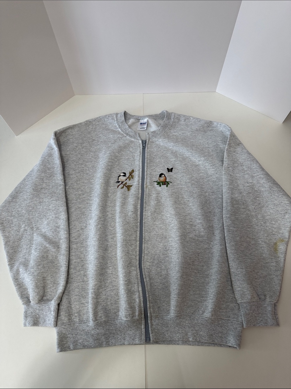 Gildan Light Gray Zip-Front Cardigan with Bird Embroidery